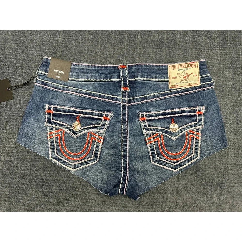 True Religion Spicy Short Flap Super T Denim Shorts Wave Lily Blue‎ W29 NEW